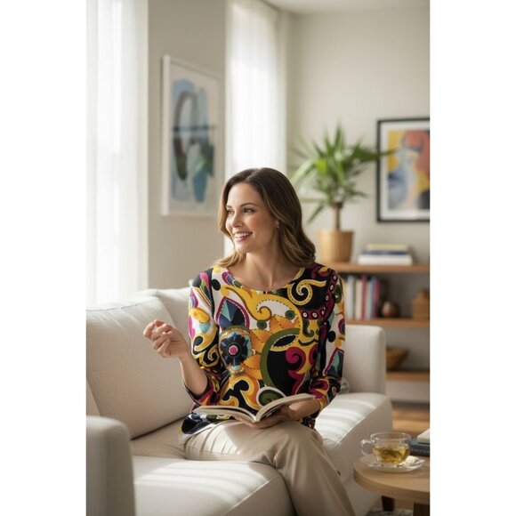 Pierre New York Womens Multicolor Paisley Print 3/4 Sleeve Top Size M - Picture 5 of 11